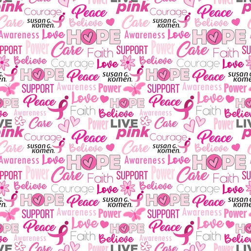 Susan G Komen Words of Hope White Breast Cancer Sykel Enterprises Cotton Fabric SYK-10566-WHITE-SGK