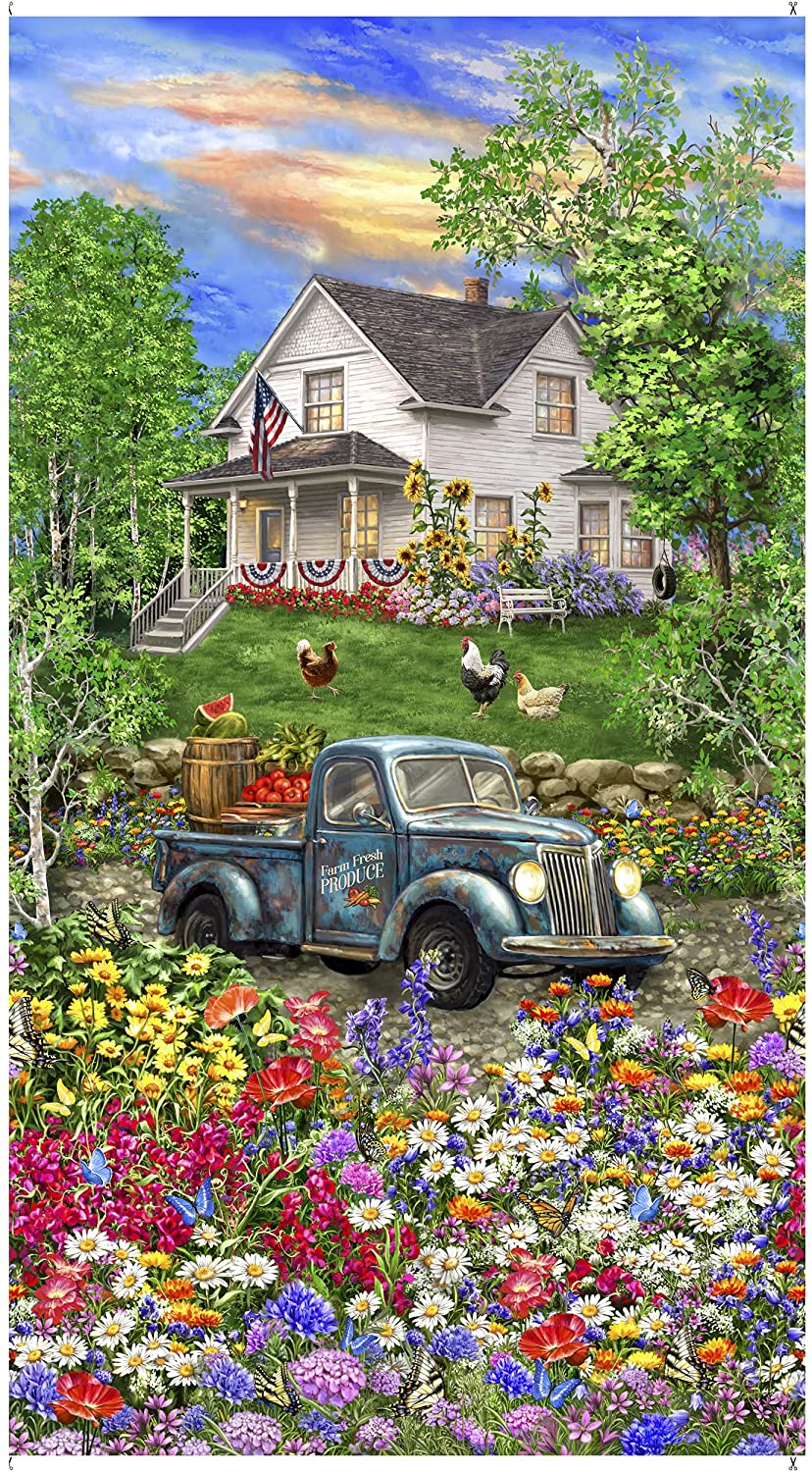 Sweet Summer Blue Truck Flowers Home Panel 24" Multi Timeless Treasures Cotton Fabric