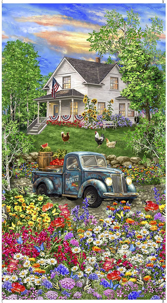 Sweet Summer Blue Truck Flowers Home Panel 24" Multi Timeless Treasures Cotton Fabric