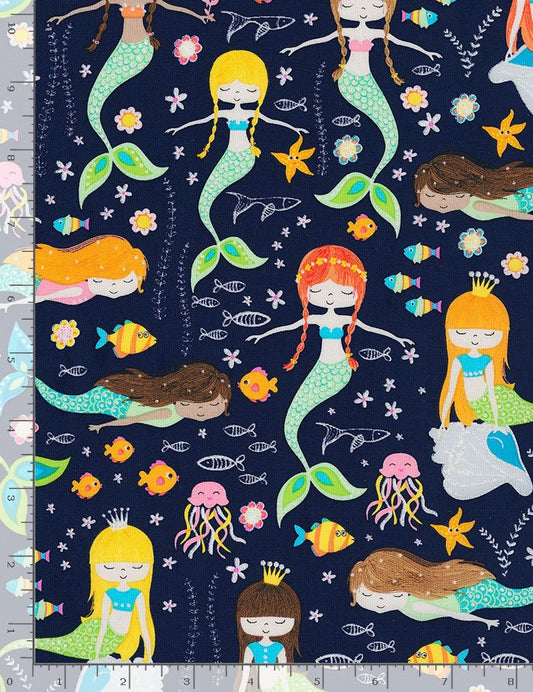 Swimming Glitter Mermaids Navy Blue Timeless Treasures Cotton Fabric