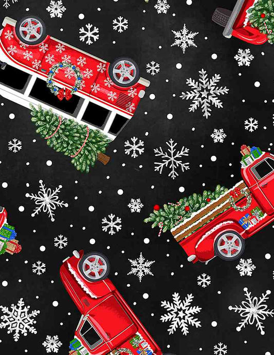 Softie Holiday Cars with Tree Toss Black Timeless Treasures Polyester MINKY Fabric TT-WSOFTIEG-PD6887-BLACK