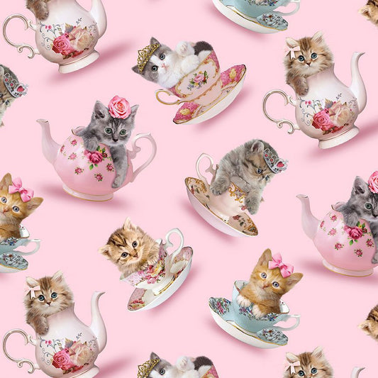 Teacup Kitty Cats Pink Timeless Treasures Cotton Fabric TT-CAT-CD3578-PINK