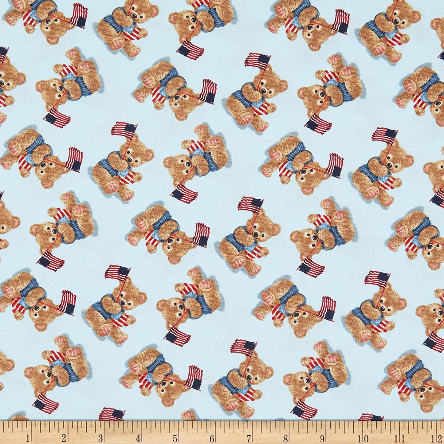 Teddy's America Tossed Teddy Flag Light Blue Robert Giordano Henry Glass Cotton Fabric HG-9580-11 Lt Blue