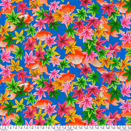 Temple Garden Goldfish and Maple Blue Snow Leopard Designs Free Spirit Cotton Fabrics FS-PWSL122.BLUE