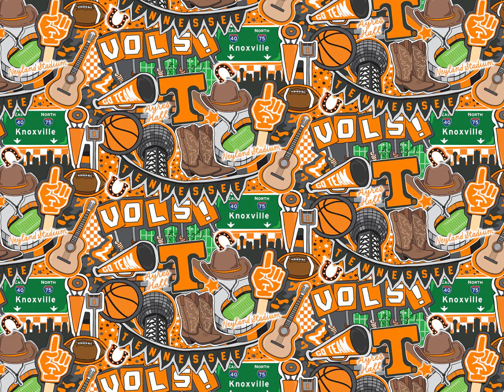 Tennessee University Vols (Volunteers) NCAA College Doodle Allover Sammy Sykel Cotton Fabric SYK-TEN-2001