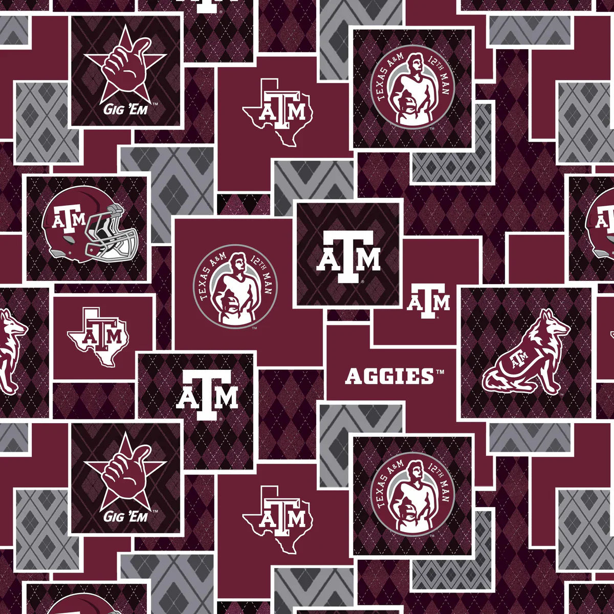 Texas A&M Aggies NCAA College Argyle Boxes Sykel Cotton Fabric SYK-TAM-1371