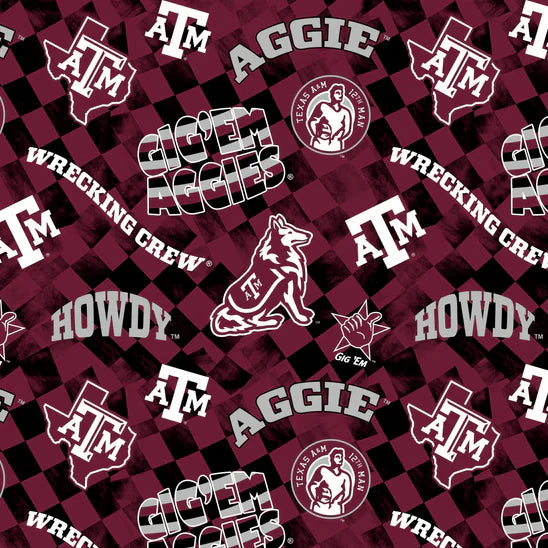 Texas A&M Aggies NCAA College Check Allover Sykel Cotton Fabric SYK-TAM-1370