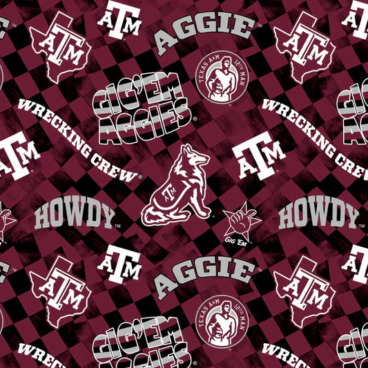 Texas A&M Aggies NCAA College Check Allover Sykel Cotton Fabric SYK-TAM-1370