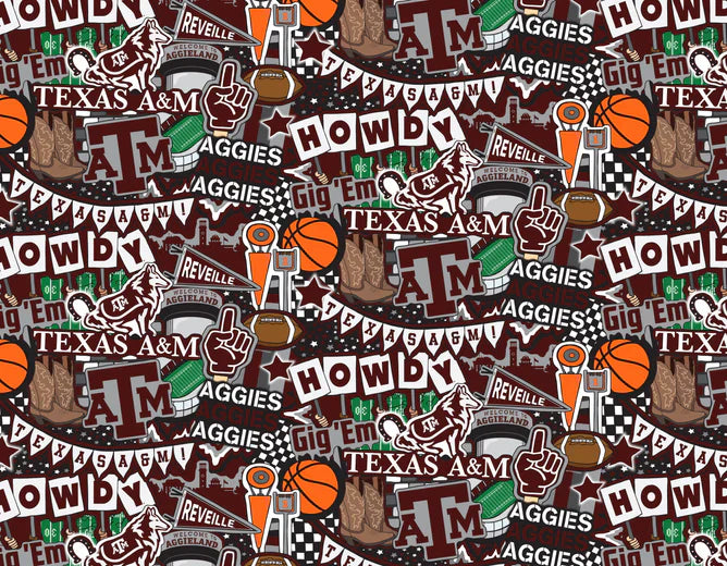 Texas A&M Aggies NCAA College Doodle Allover Sammy Sykel Cotton Fabric TAM-2001