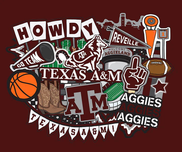 Texas A&M Aggies NCAA College Doodle Panel 36" Sammy Sykel Enterprises Cotton Fabric TAM-2000
