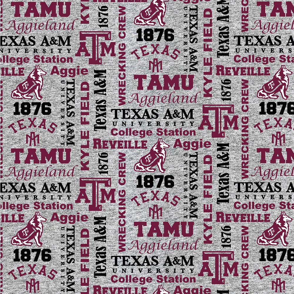 Texas A&M Aggies NCAA Collegiate Heather Verbiage Sykel Enterprises Polyester FLEECE Fabric TAM-1162