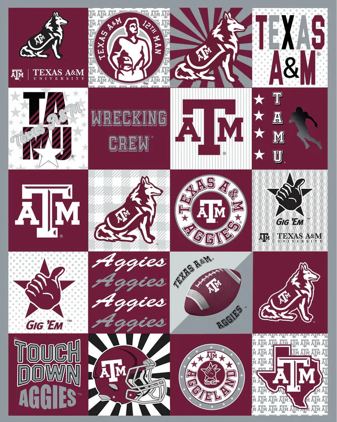 Texas A&M NCAA Collegiate T-Shirt Panel 60" Sykel Polyester Minky Fabric SYK-TAM-1362