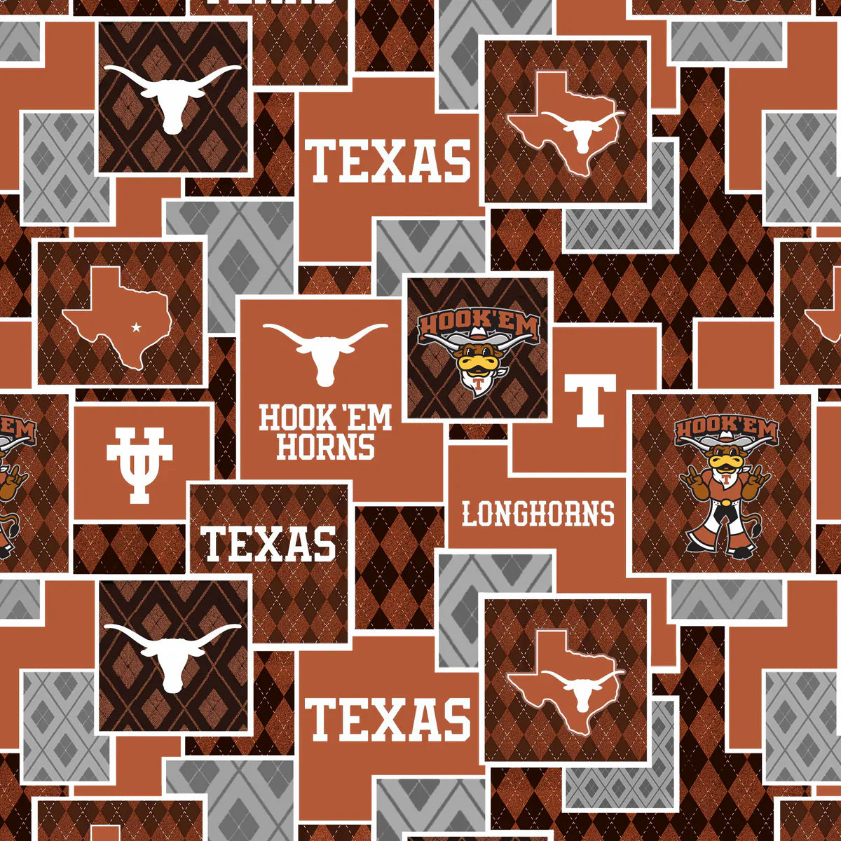 Texas Longhorns NCAA College Argyle Boxes Sykel Cotton Fabric SYK-TX-1371
