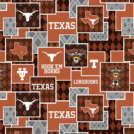 Texas Longhorns NCAA College Argyle Boxes Sykel Cotton Fabric SYK-TX-1371