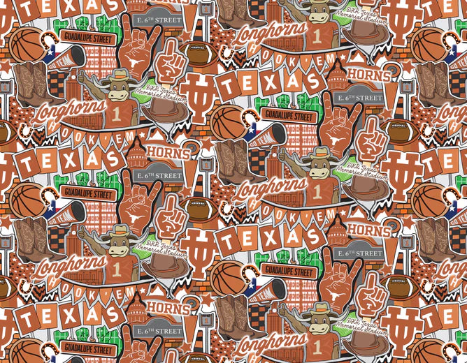 Texas Longhorns NCAA College Doodle Allover Sammy Sykel Cotton Fabric TX-2001