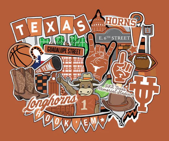 Texas Longhorns NCAA College Doodle Panel 36" Sammy Sykel Enterprises Cotton Fabric SYK-TX-2000