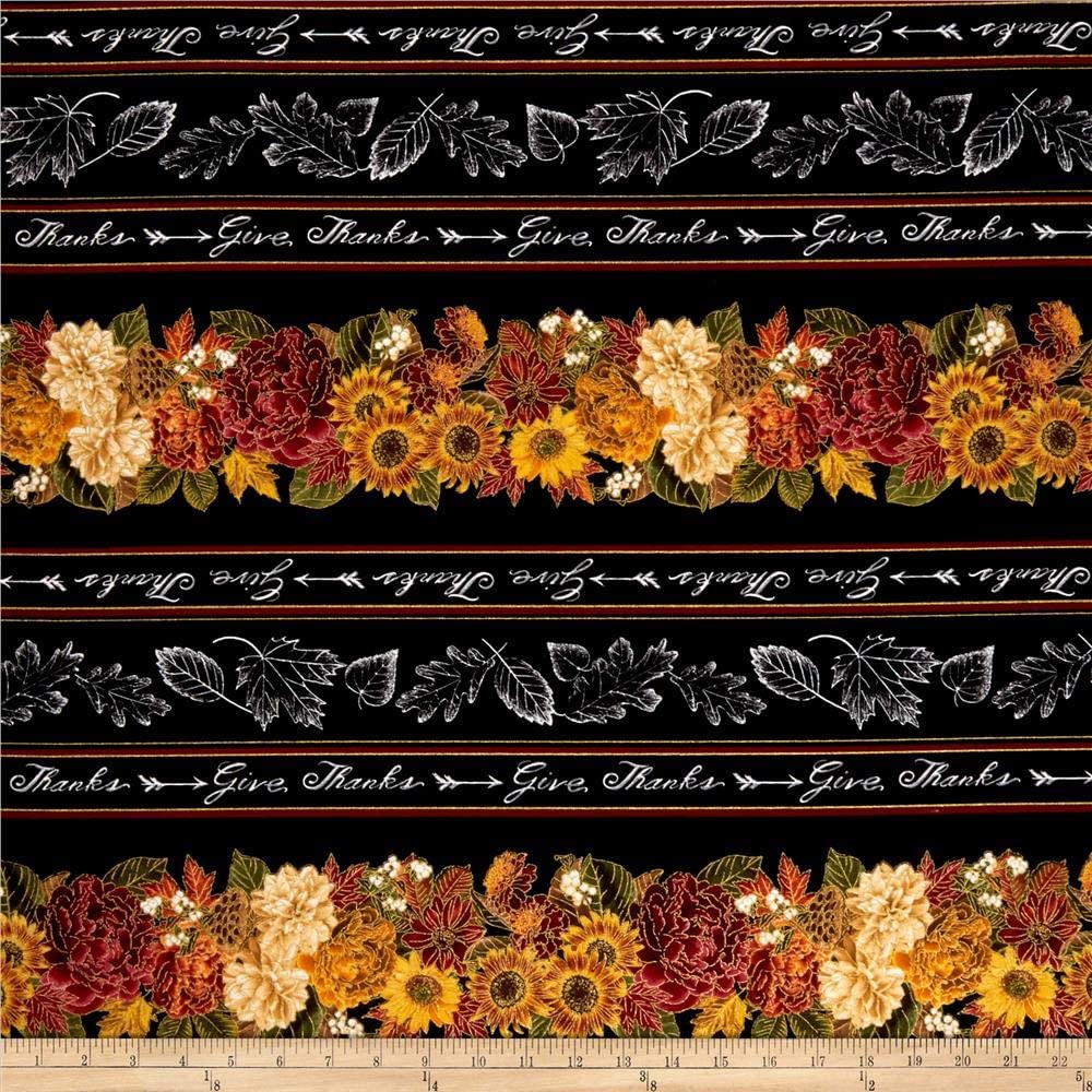 Thankful and Grateful Give Thanks Stripe Phrases Chalkboard Black Timeless Treasures Cotton Fabric