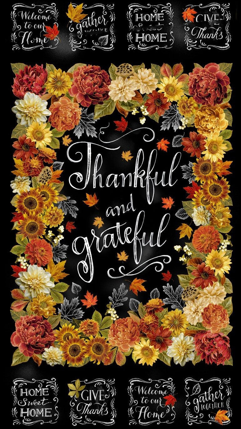 Thankful and Grateful Panel 24" Black Metallic Timeless Treasures Cotton Fabric