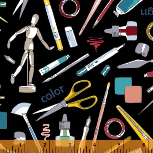 The Artist Art Tools Tossed Black Whistler Studios Windham Fabrics Cotton Fabric WF-51856-1