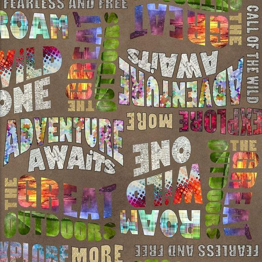 The Great Outdoors Words Text Brown Connie Haley 3 Wishes Cotton Fabric