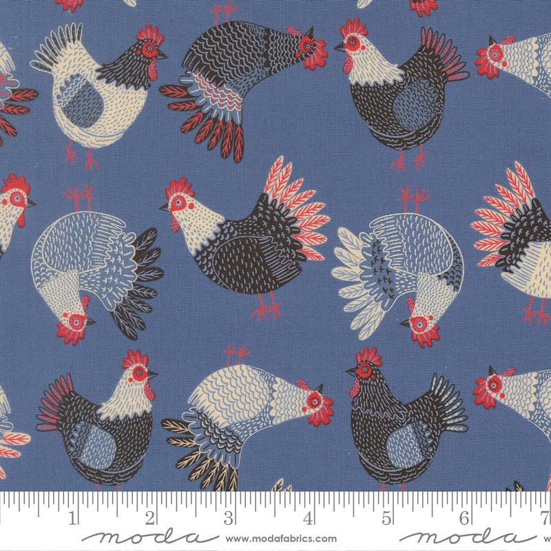 The Henhouse Tossed Chickens Cobalt Light Blue Gingiber Moda Cotton Fabric MD-48433-19