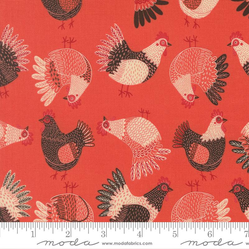 The Henhouse Tossed Chickens Tomato Red Gingiber Moda Cotton Fabric MD-48433-17
