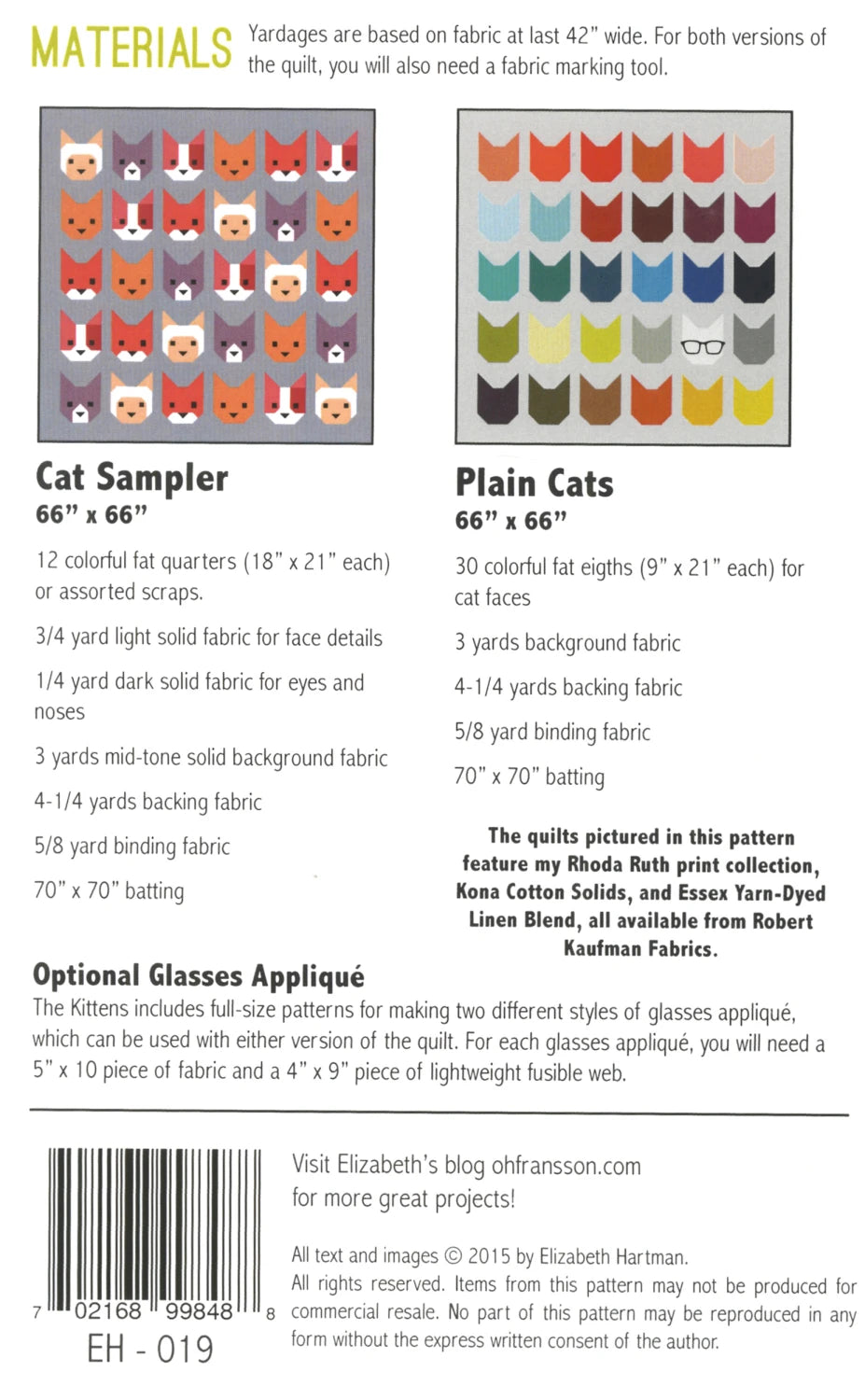 The Kittens Quilt Pattern Multiple Sizes Elizabeth Hartman EH-019