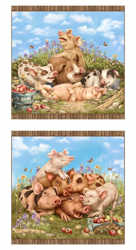 Think Happy Block Pig Panel 24" White Beverly Levi-Parker Elizabeth's Studio Cotton Fabric