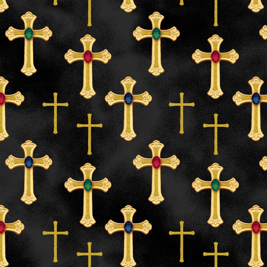 Three Kings Nativity Crosses Gold Metallic Print Whistler Studios Windham Cotton WF-50355M-6