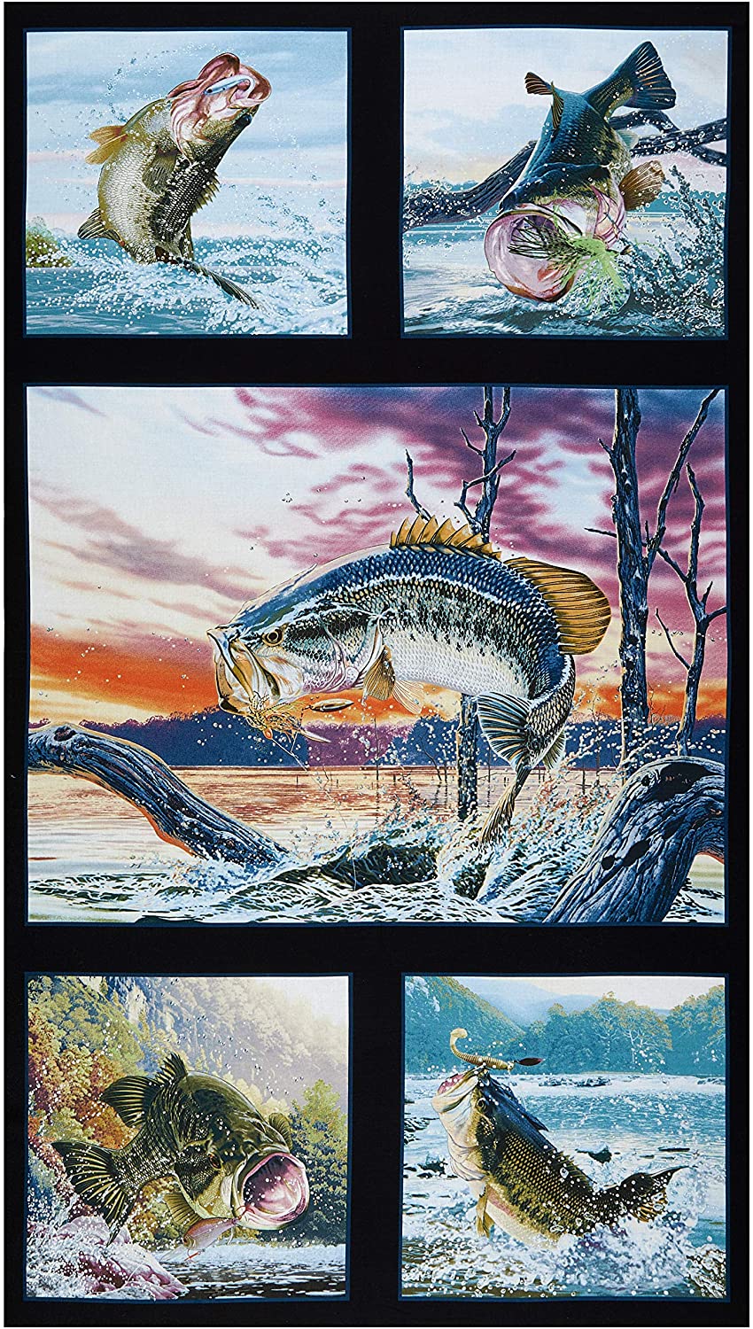 Tight Lines Bass Black Panel 23" Elizabeth's Studio Cotton Fabric Elizabeth's Studio