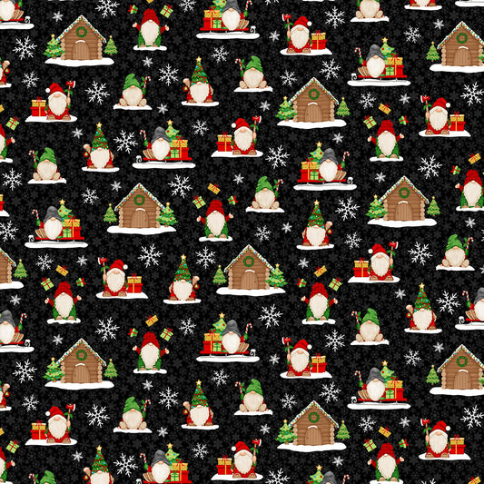 Timber Gnomes Tree Farm Tossed Gnomes Homes Trees Gifts Black Shelly Comiskey Henry Glass Cotton Fabric HG 307-99