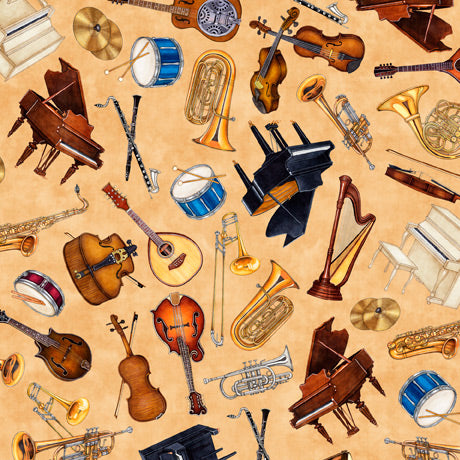 Tiny Tunes Instrument Toss Beige Quilting Treasures Cotton Fabric