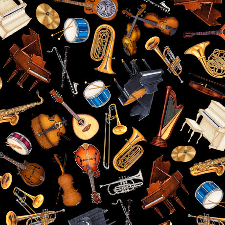 Tiny Tunes Instrument Toss Black Quilting Treasures Cotton Fabric