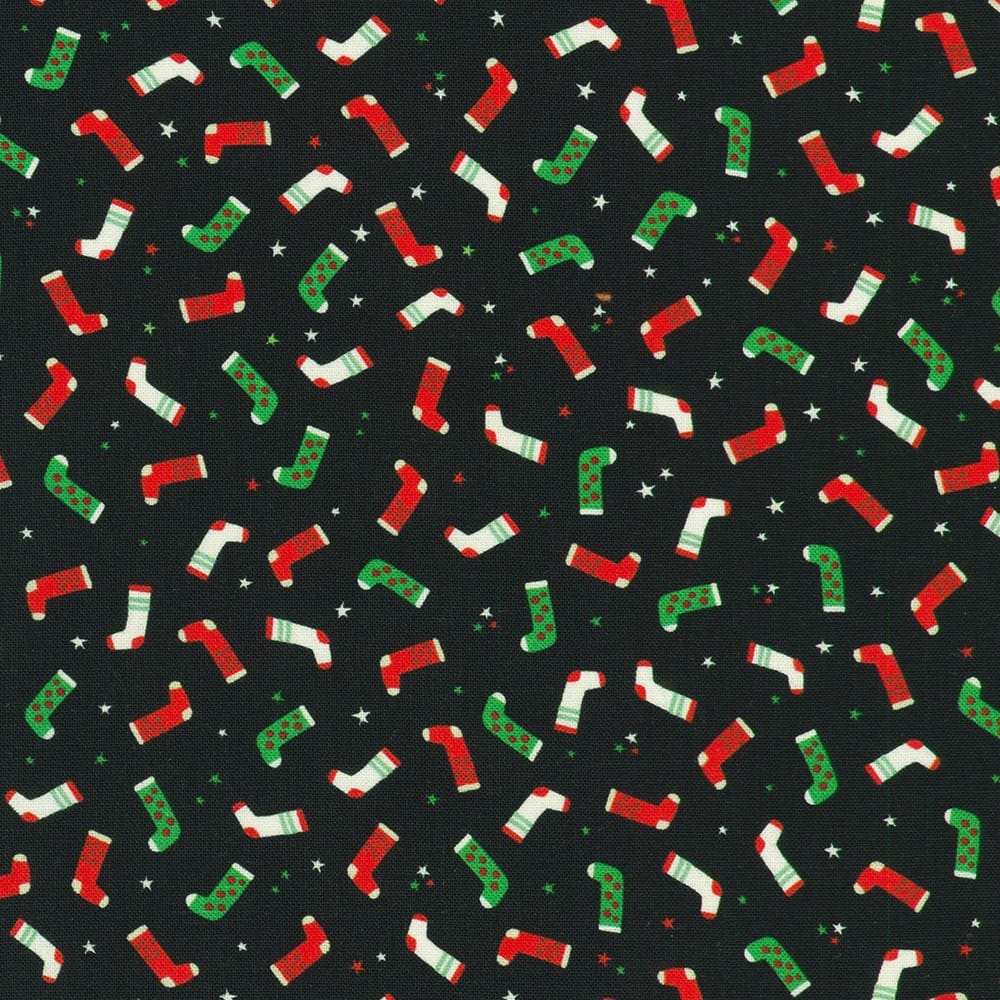 Tiny Tidings Stockings Black Robert Kaufman Cotton Fabric RK-SRKD-23908-2 | US Fabric Shop