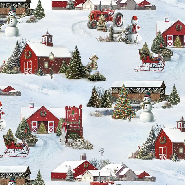 Tis The Season Snowy Christmas Tree Barn Elizabeth's Studio Cotton Fabric ES-13003 Snow