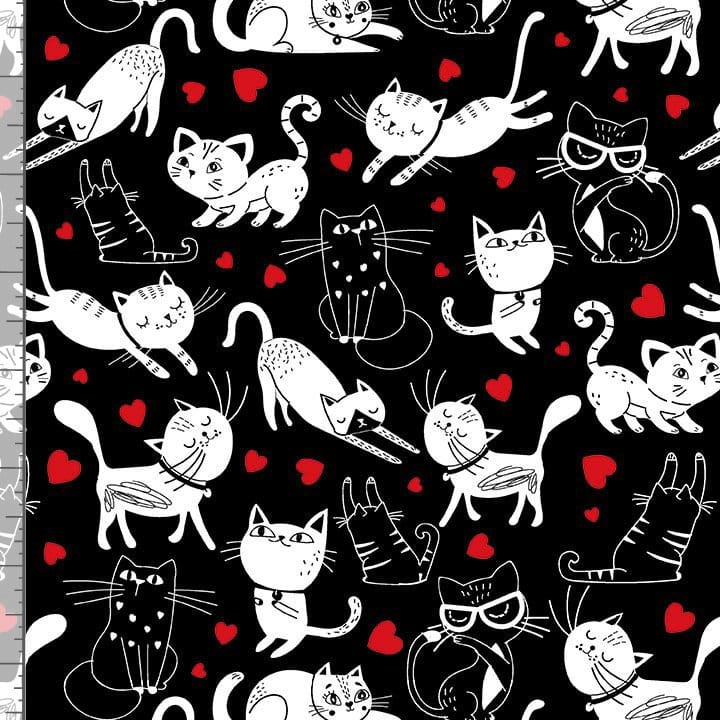 Cats Tossed Cats & Hearts in Black Timeless Treasures Cotton Fabric TT-CAT-CD3833-BLACK | US Fabric Shop