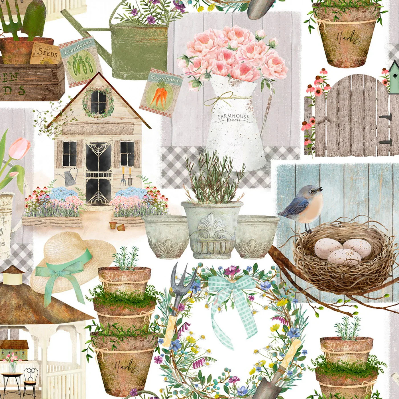 Touch of Spring Patch White Beth Albert 3 Wishes Cotton Fabric