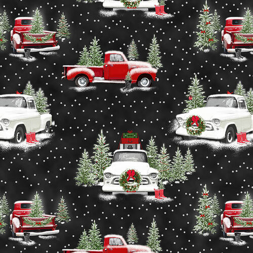 Tradition Continues II Large Red and White Truck Allover Black an Shade Beach Henry Glass Cotton Fabric | US Fabric Shop