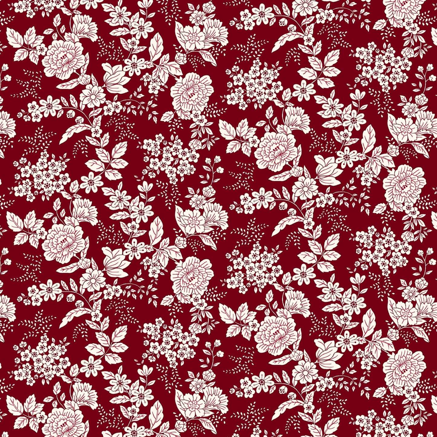 Tranquility Floral Flowers Toile Cranberry Red Kim Diehl Henry Glass Cotton Fabric | US Fabric Shop