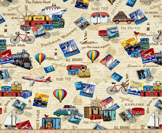 Row by Row Travel All Aboard Rowing Explore Tan Timeless Treasures Cotton Fabric