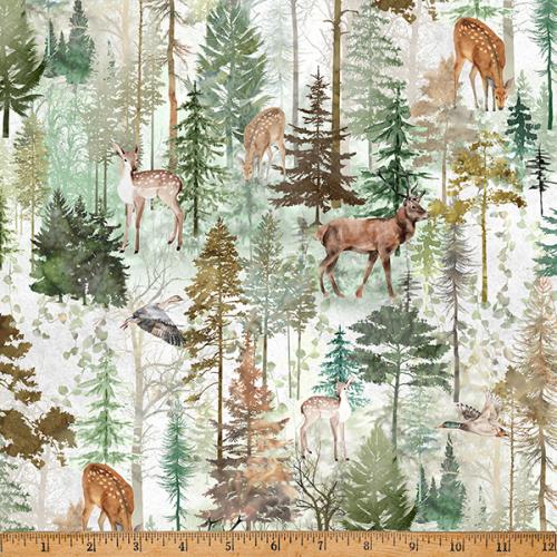 Tree Line Animals Forest Fawn Cream Hoffman Fabric Cotton Fabric