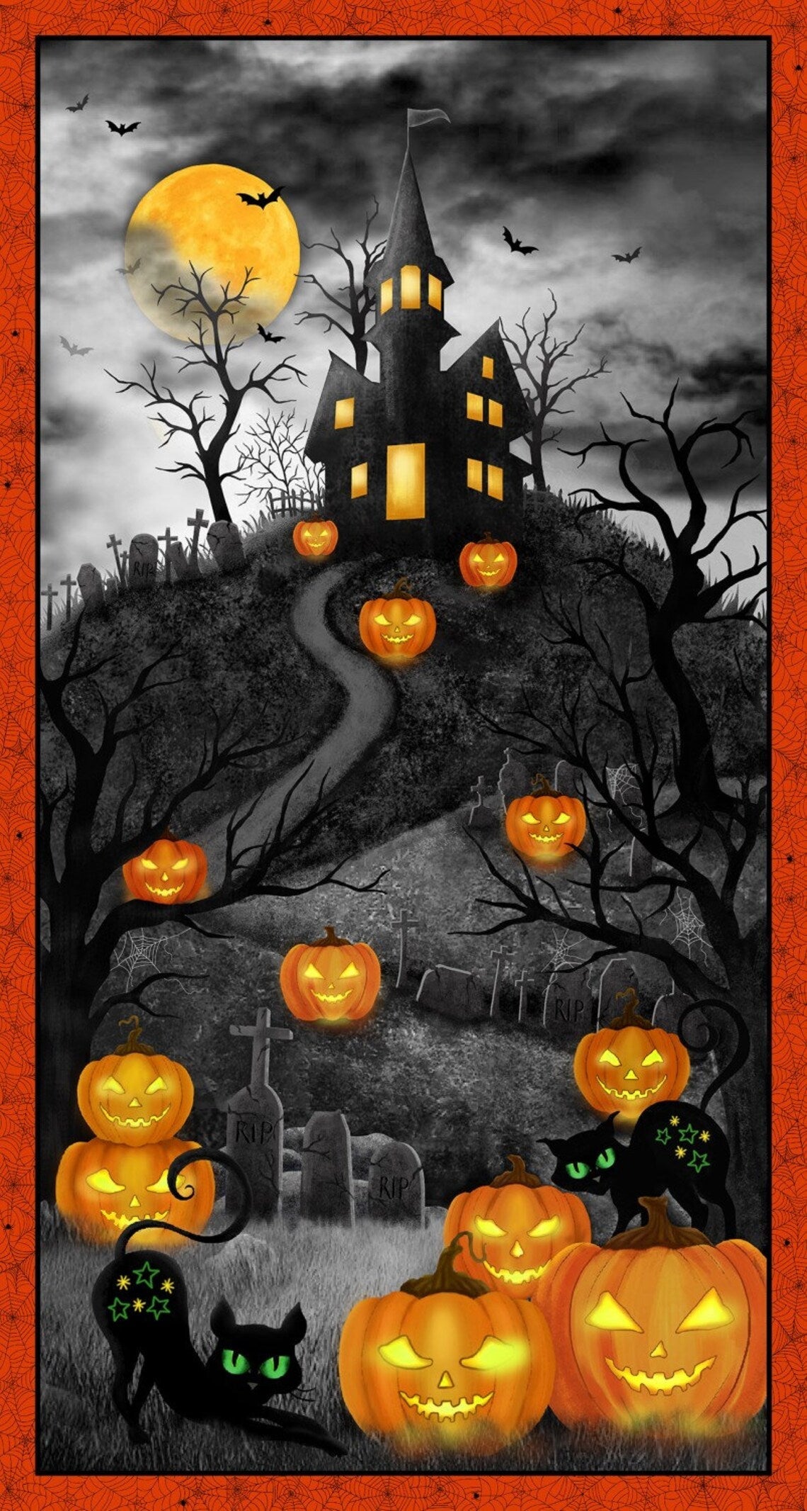 Trick or Treat Haunted House Panel 24" Gray Michael Miller Cotton Fabric MM-DCX10337-GRAY-D