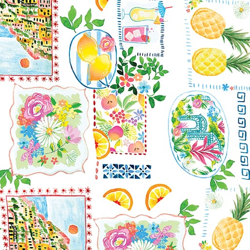 Tropical Splash Tropical Stamps White Kanvas Studio Benartex Cotton Fabric BE-15183-09 | US Fabric Shop