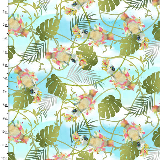 Tropicolor Birds Cockatoo Toss Blue Connie Haley 3 Wishes Cotton Fabric 3W 19376 Blue