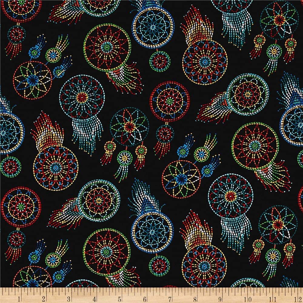 Tucson Beaded Dream Catcher Stripe Black Elizabeth's Studio Cotton Fabric ES-537 Black