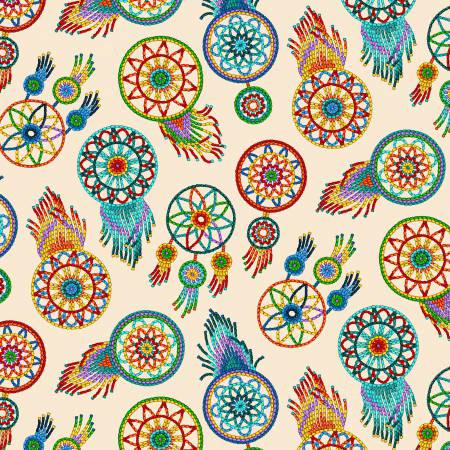 Tucson Beaded Dream Catcher Cream Elizabeth's Studio Cotton Fabric ES-537 Cream