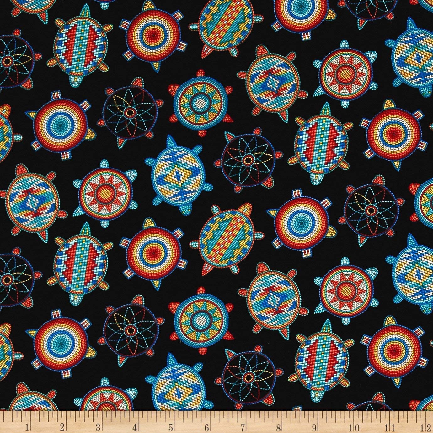 Tucson Beaded Turtles Black Elizabeth's Studio Cotton Fabric ES-526 Black