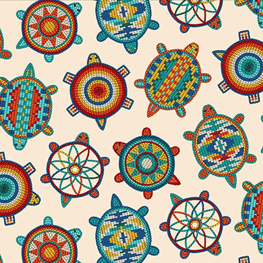 Tucson Beaded Turtles Cream Elizabeth's Studio Cotton Fabric ES-526 Cream