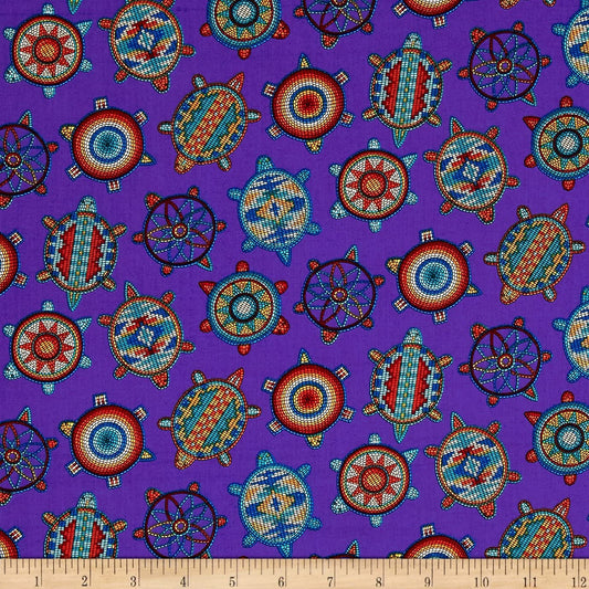 Tucson Beaded Turtles Purple Elizabeth's Studio Cotton Fabric ES-526 Purple