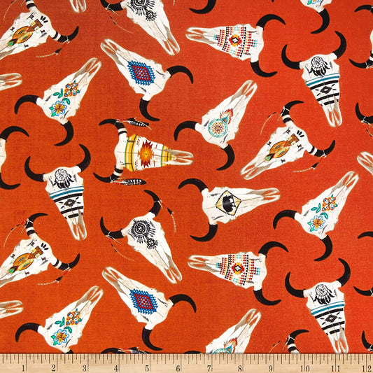 Tucson Buffalo Skulls Terracotta design Elizabeth's Studio wide Cotton ES-581 Terracotta